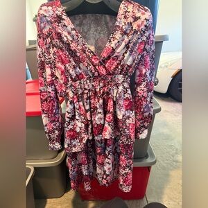 Floral Long Sleeve V-Neck Tiered Dress - Pink & Burgundy p11